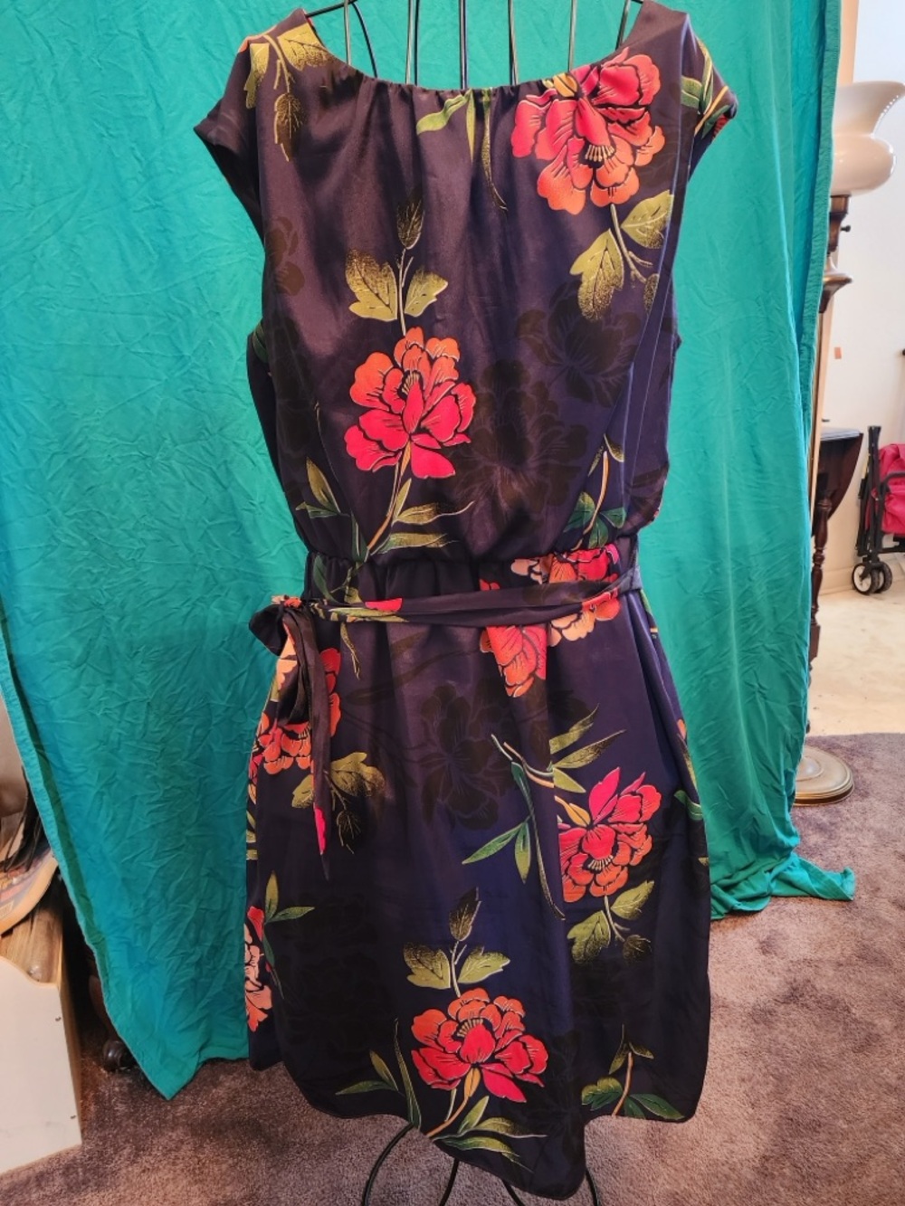 Robbie Bee Navy Dress with Coral Floral Accents